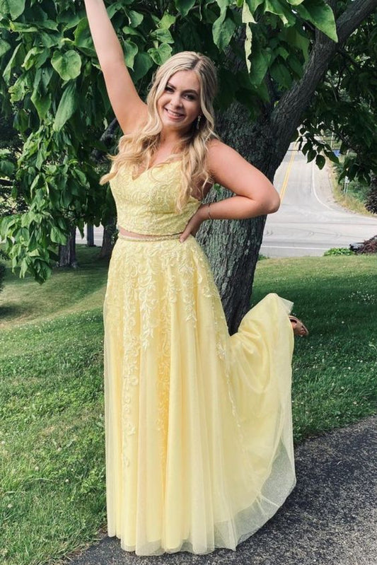 two piece yellow lace appliqued long prom dress graduation dress    cg20500