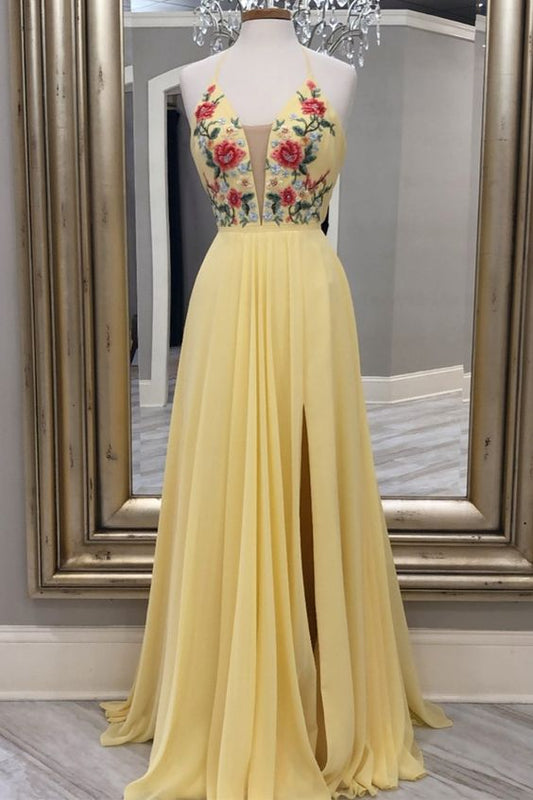 A-line yellow floral embroidery long prom dress with side slit    cg20503