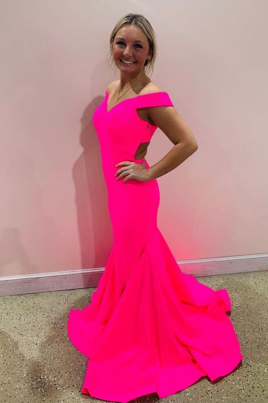 off the shoulder mermaid hot pink long party prom dress with cross back    cg20505