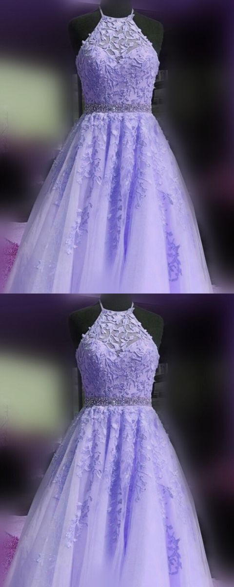 elegant lavender prom dresses 2021 lace halter ball gown beaded sashes   cg20510