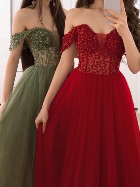 Off the Shoulder Burgundy Green Long Prom Dresses    cg20515