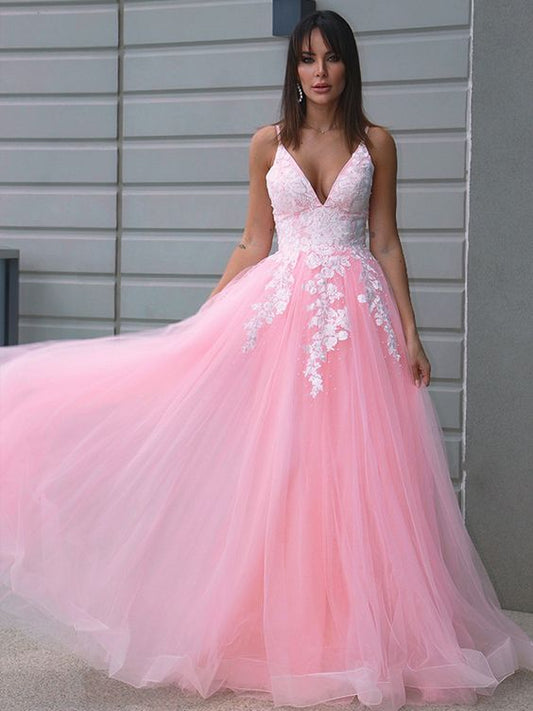 2021 A-Line Tulle V-neck Long Pink Prom Dresses    cg20517