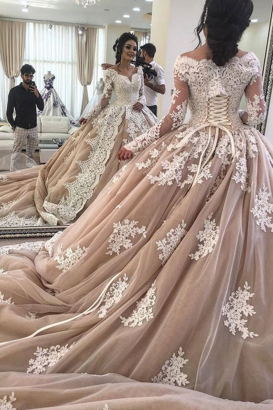 Long Sleeves Lace Champagne Ball Gown prom Dress for Bride    cg20536