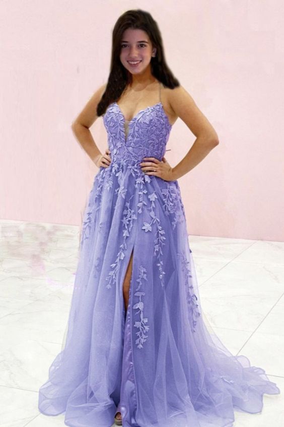 Elegant Lavender Prom Dresses 2021 Lace Appliques Tulle Split Formal Gown With Side Split  cg20544