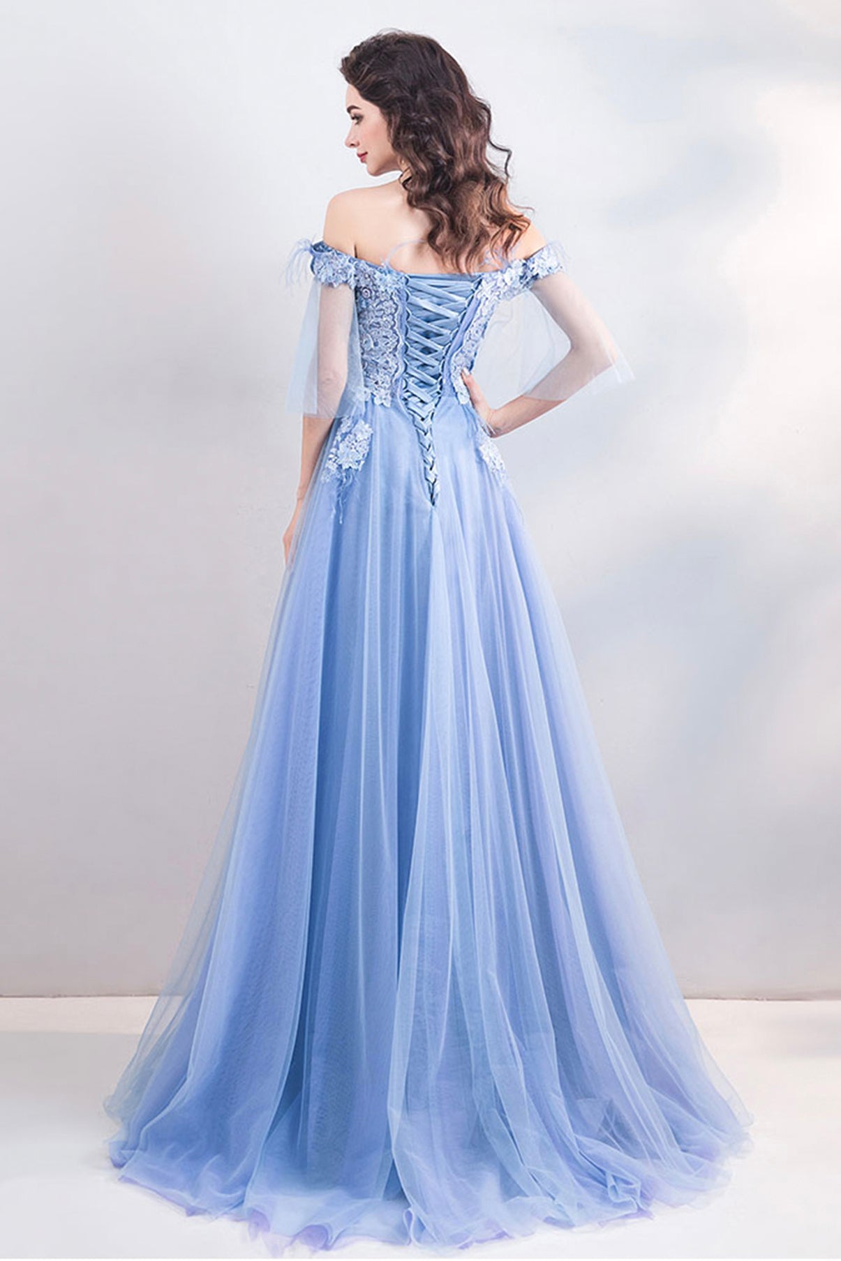 BLUE LACE LONG A LINE PROM DRESS BLUE EVENING DRESS    cg20545