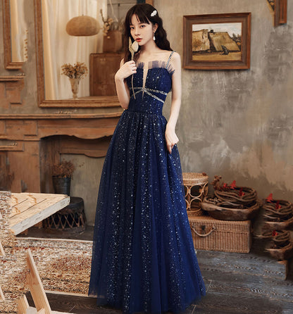 BLUE TULLE LONG A LINE PROM DRESS BLUE EVENING DRESS    cg20546