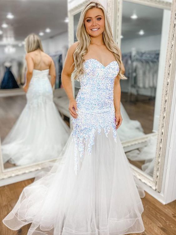 Charming Mermaid White Sequins Prom Dresses    cg20577