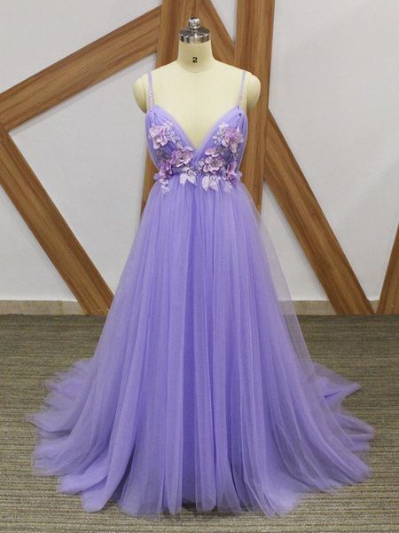 Spaghetti Straps Purple V Neck Tulle Prom Dress    cg20584