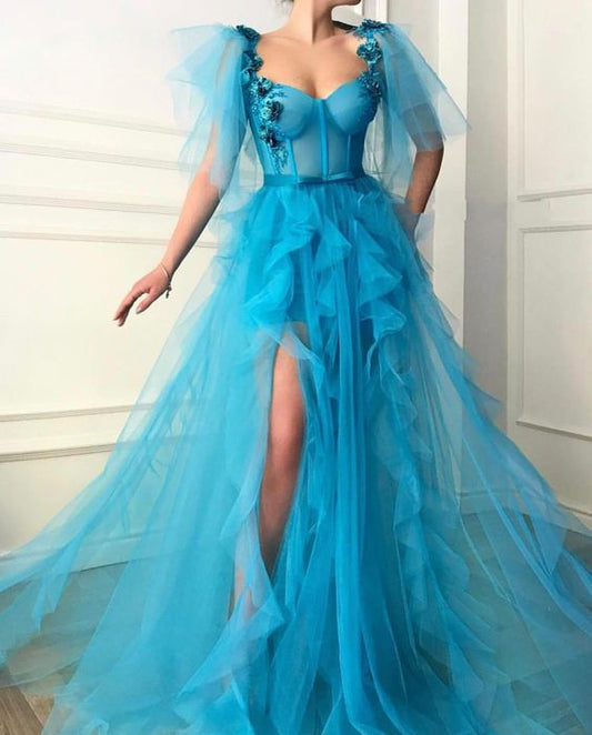 Flowers Ruffles Tulle High Slit Dubai Saudi Arabic Long Evening Gowns Prom Dress    cg20592