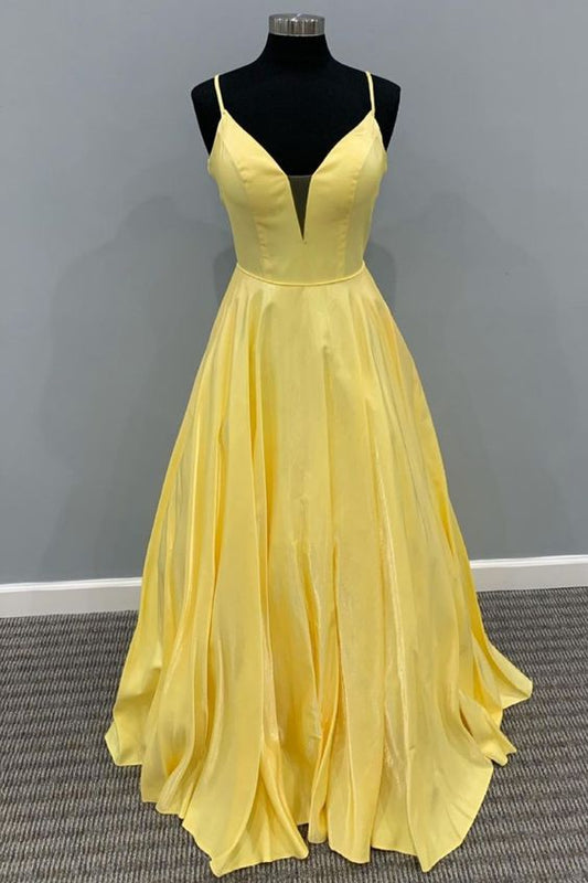 A-line yellow long prom dress party dress with spaghetti straps    cg20610