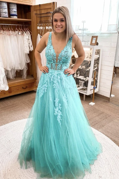 Blue v neck lace long A line prom dress blue evening dress     cg20616