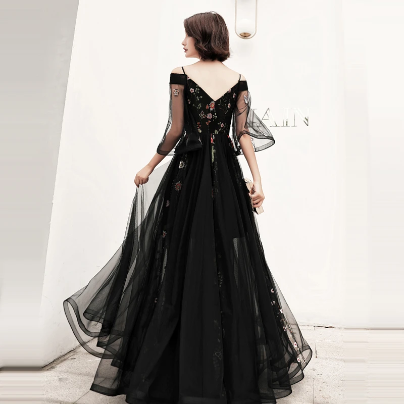 Black Floral Off Shoulder Floor Length Party Dress, Black Tulle Prom Dress Formal Dress   cg20634