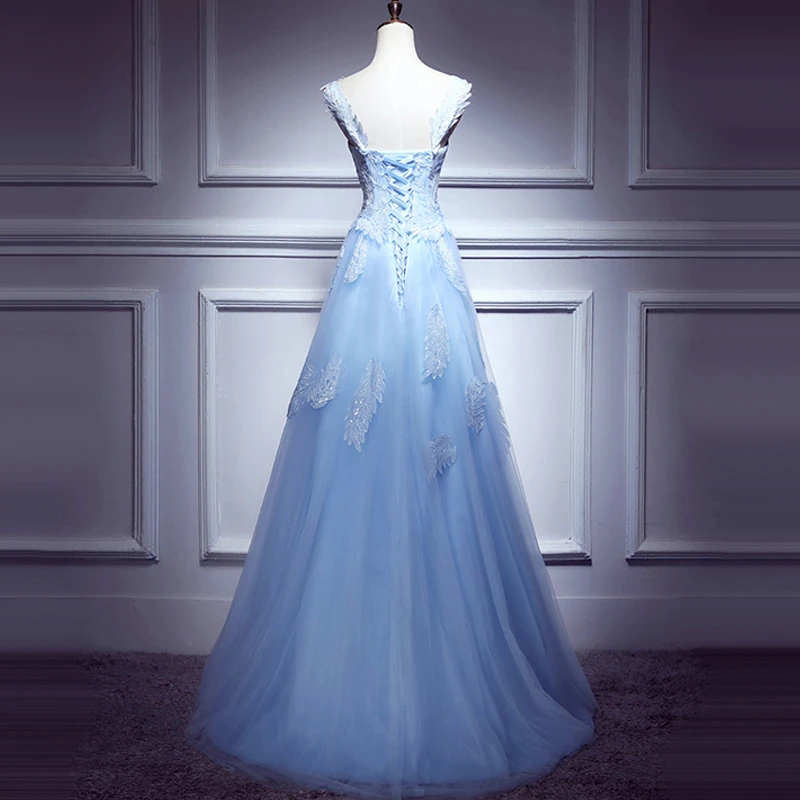 Lovely Light Blue Lace Applique Tulle Prom Dress, Blue Junior Party Dress Formal Dress   cg20635