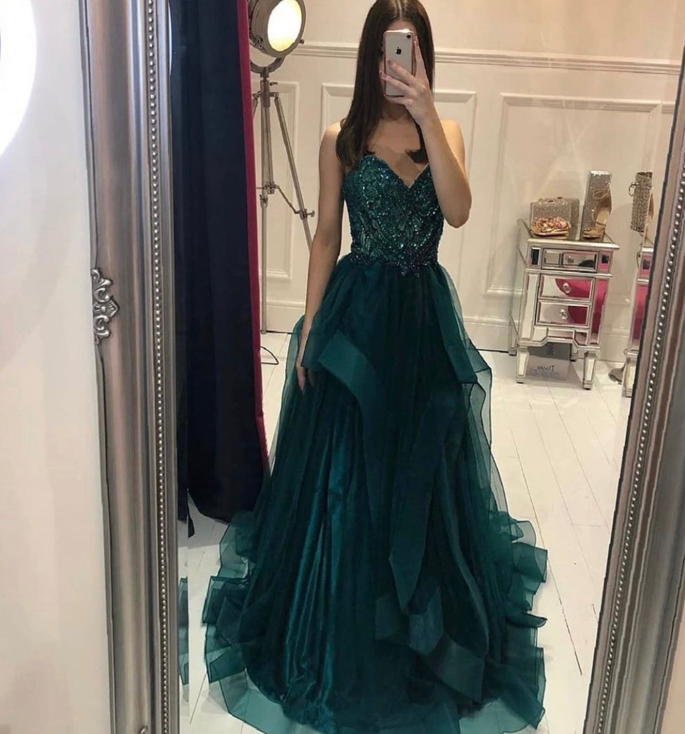 GREEN TULLE BEADS LONG A LINE PROM DRESS EVENING DRESS    cg20636