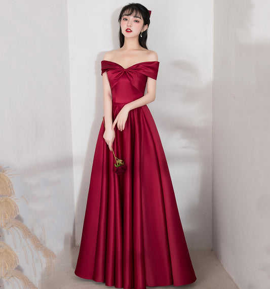 BURGUNDY SATIN LONG A LINE PROM DRESS EVENING DRESS    cg20661