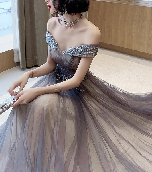 Dark Grey Tulle With Lace Applique Sweetheart Long Prom Dress, A-Line Off Shoulder Party Dress    cg20678