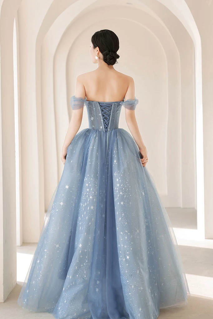 BLUE SWEETHEART NECK TULLE BEADS LONG PROM DRESS BLUE EVENING DRESS    cg20680