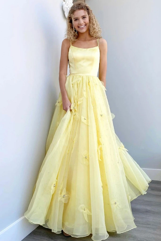 YELLOW TULLE LONG PROM DRESS YELLOW FORMAL DRESS     cg20681