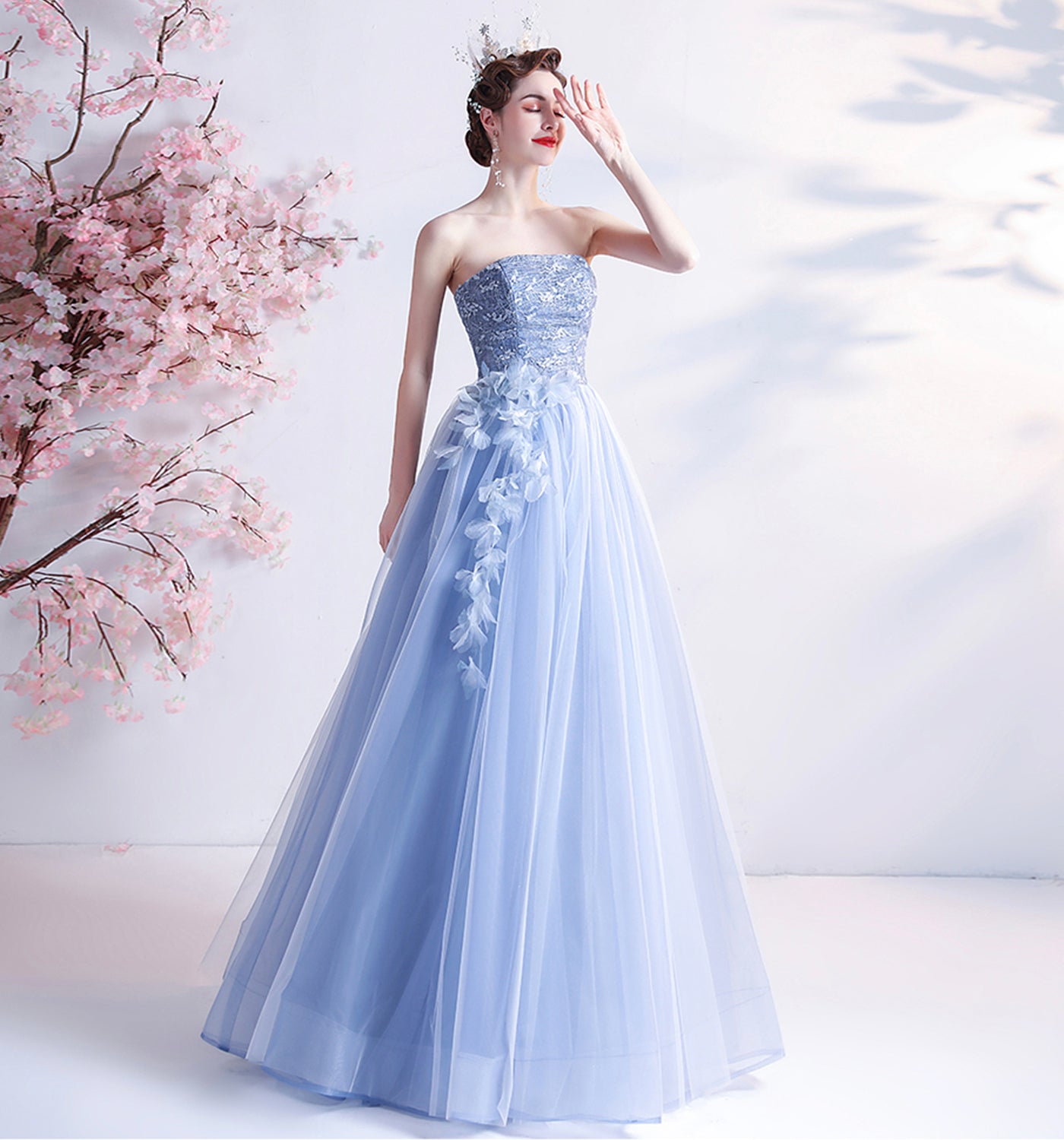 BLUE TULLE LACE LONG A LINE PROM DRESS EVENING DRESS    cg20719