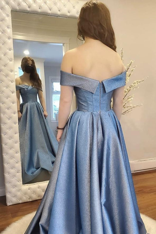 Blue satin long A line prom dress evening dress    cg20732