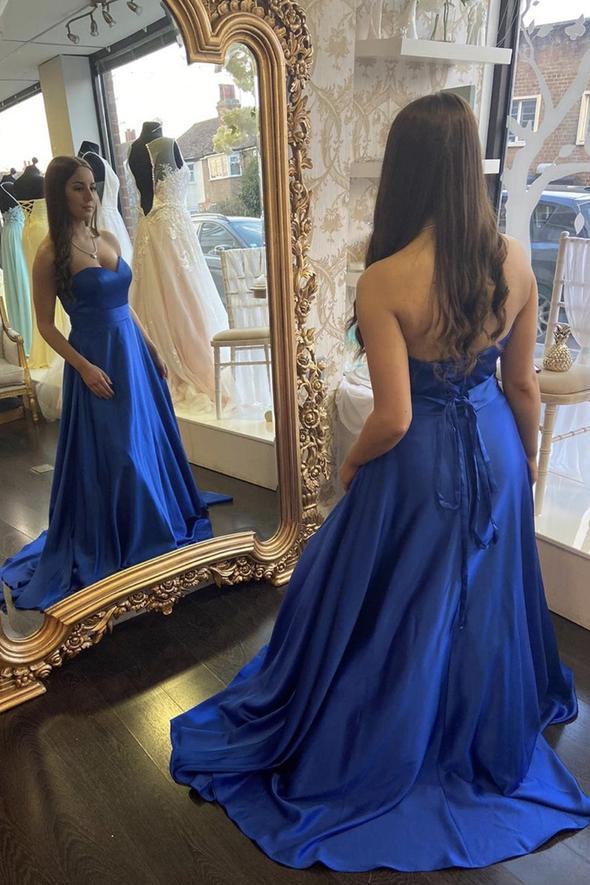 Blue satin long A line prom dress blue evening dress     cg20733