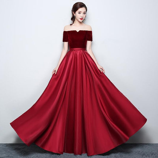 Wine Red Satin With Velvet Prom Dress, Off Shoulder A-Line Formal Dress Evening Dress   cg20734