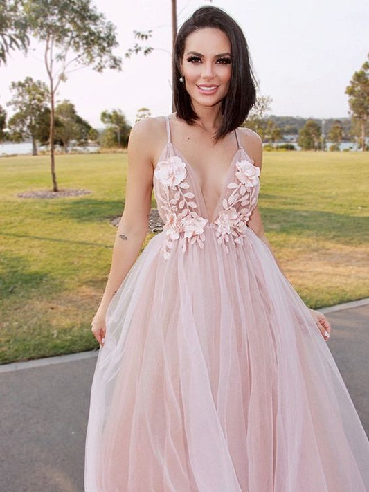 A-Line/Princess Tulle V-neck Hand-Made Flower Sleeveless Sweep/Brush Train Dresses Prom Dress     cg20737