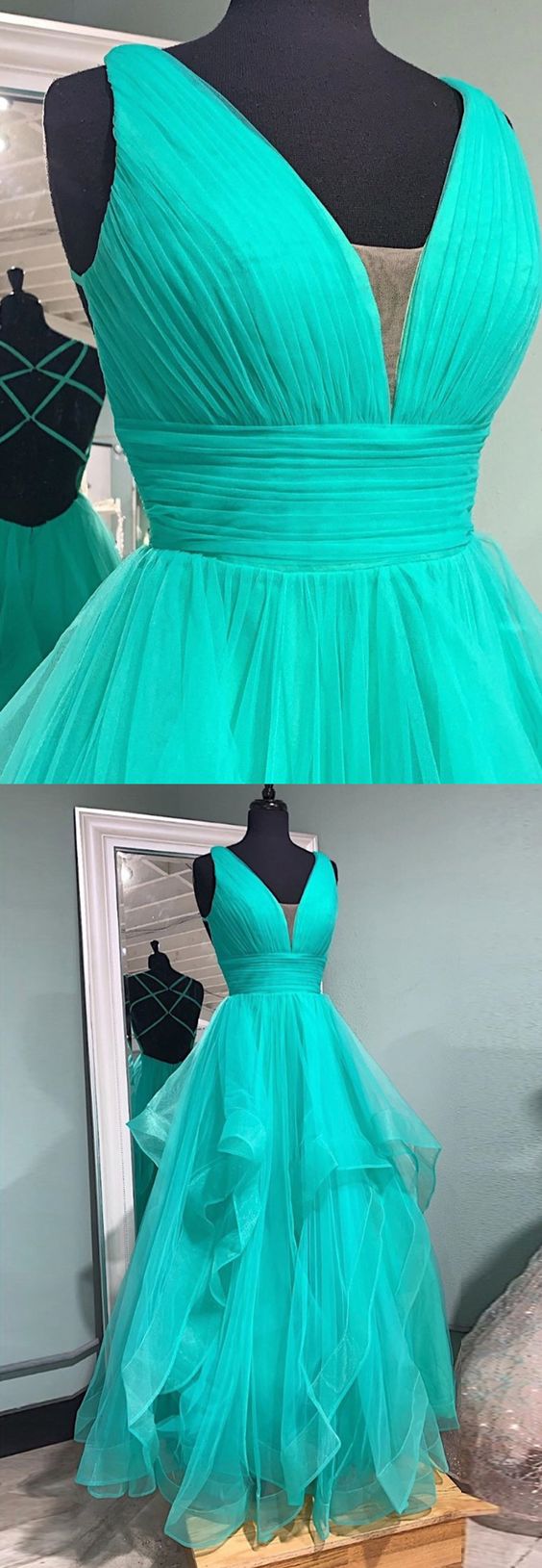 A line v neck tulle long prom dress, evening dress    cg20740