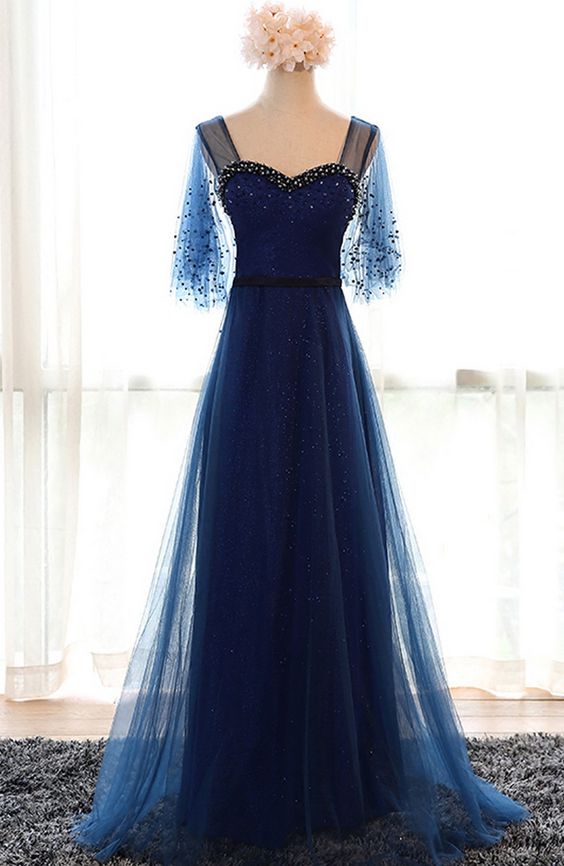 New Long Evening Dress Bride Banquet Navy Blue Sweetheart Short Sleeve Floor-length Party Formal Gown prom dress    cg20746