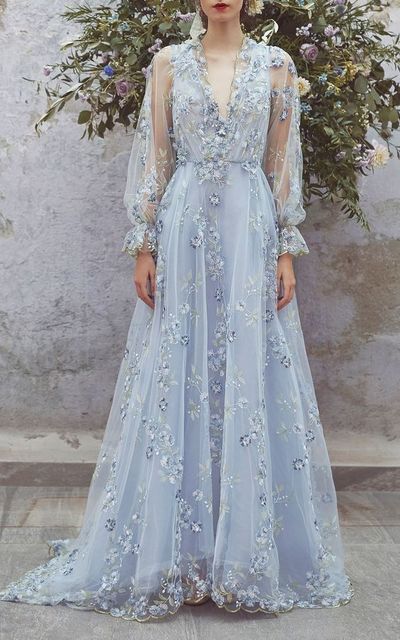 Light blue party dress long sleeve evening dress tulle applique long prom dress    cg20753