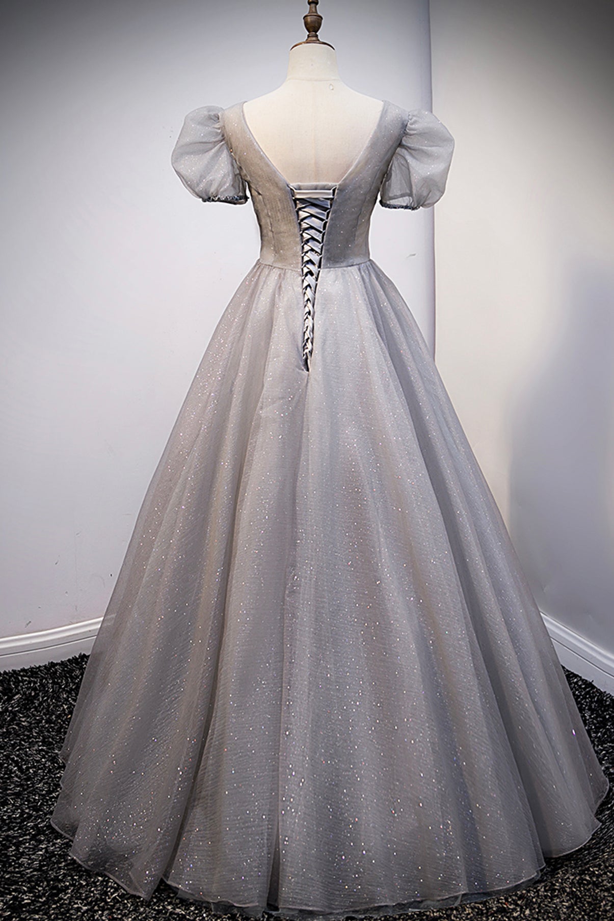 GRAY V NECK TULLE LONG A LINE PROM DRESS EVENING DRESS    cg20773