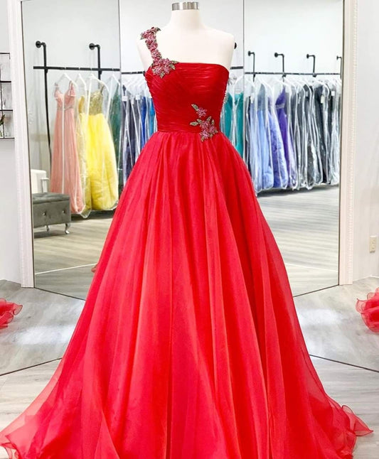 2021 red one shoulder prom dress pleated formal dress    cg20795