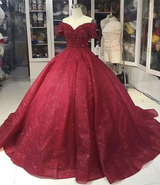 Burgundy A line long ball gown dress off shoulder evening prom dress     cg20796