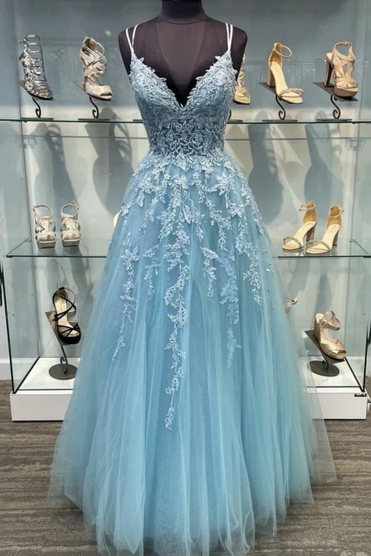 Blue tulle lace long A line prom dress evening dress    cg20798