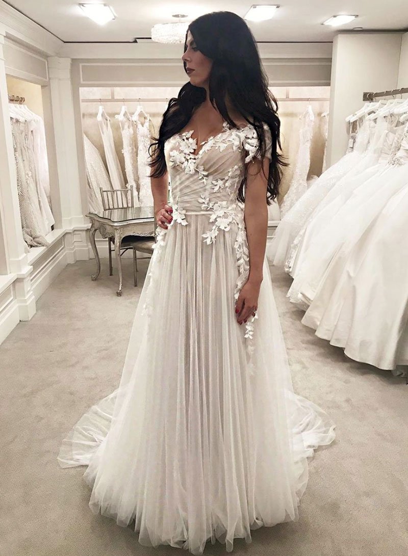 White tulle lace off shoulder long prom dress, evening dress cg2082