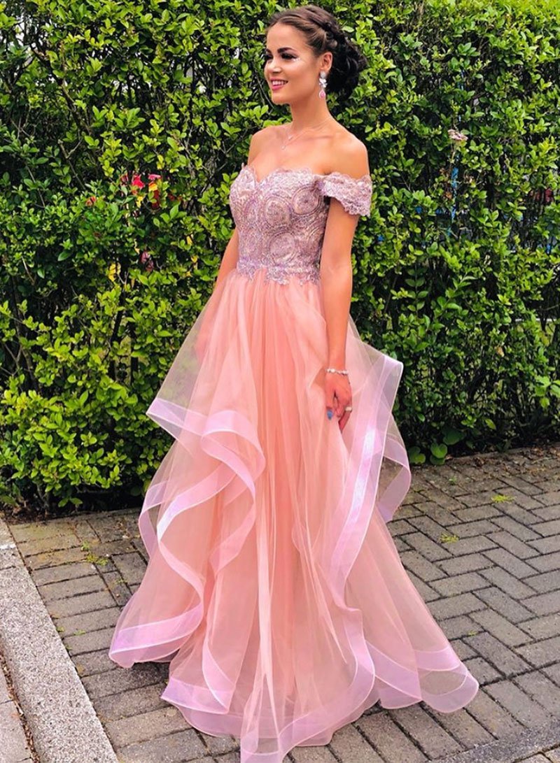 Pink tulle lace long prom dress, pink evening dress cg2083