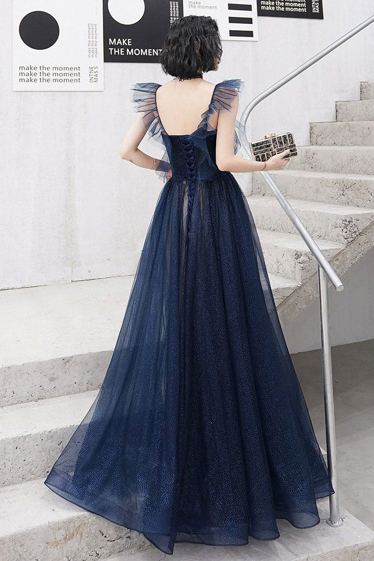 Dark blue sweetheart tulle long prom dress blue tulle formal dress    cg20831