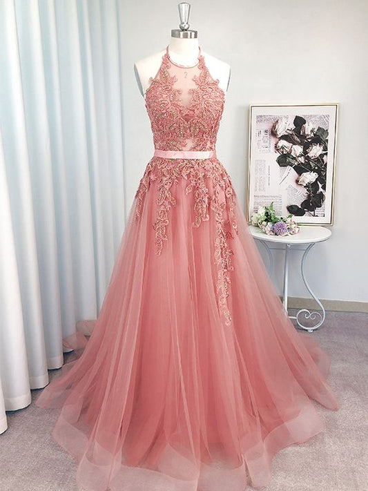 2021 A-Line Tulle Halter Long Pink Prom Dresses     cg20886