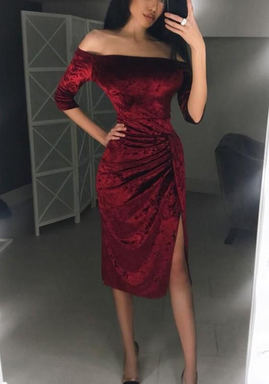 Wine Red Side Slit Elbow Sleeve Fashion Prom Dress    cg20895