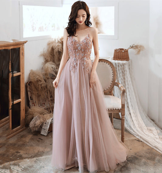 CUTE V NECK TULLE LONG A LINE PROM DRESS EVENING DRESS    cg20907