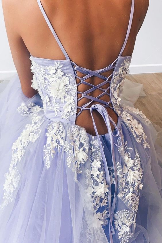 A-line lavender tulle and white lace appliques long prom dress formal dress    cg20910