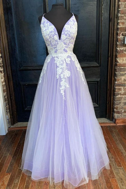 A-line lavender tulle and white lace appliques long prom dress formal dress    cg20910