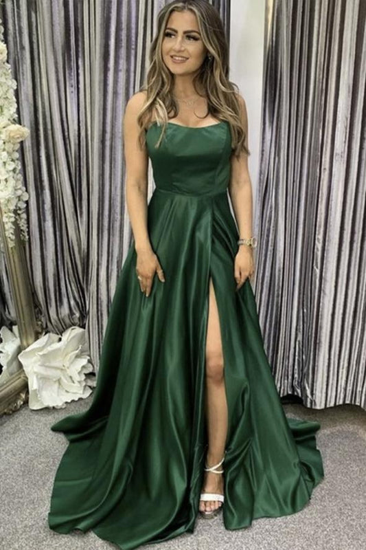 Green satin long A line prom dress evening dress    cg20959