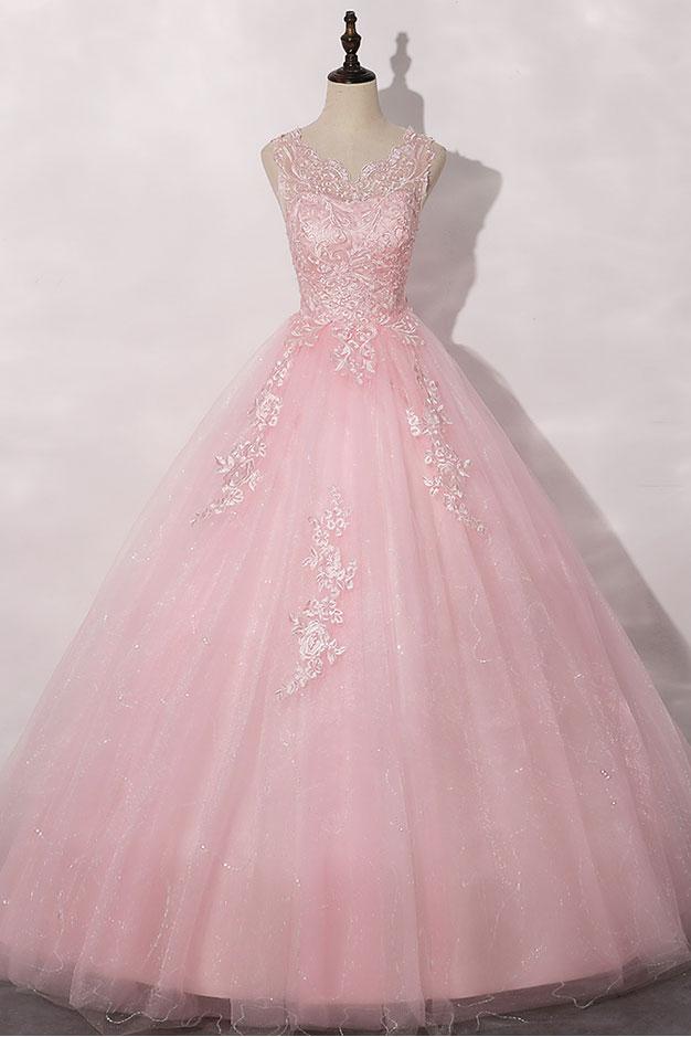 Pink round neck tulle lace long prom dress pink tulle formal dress    cg20960