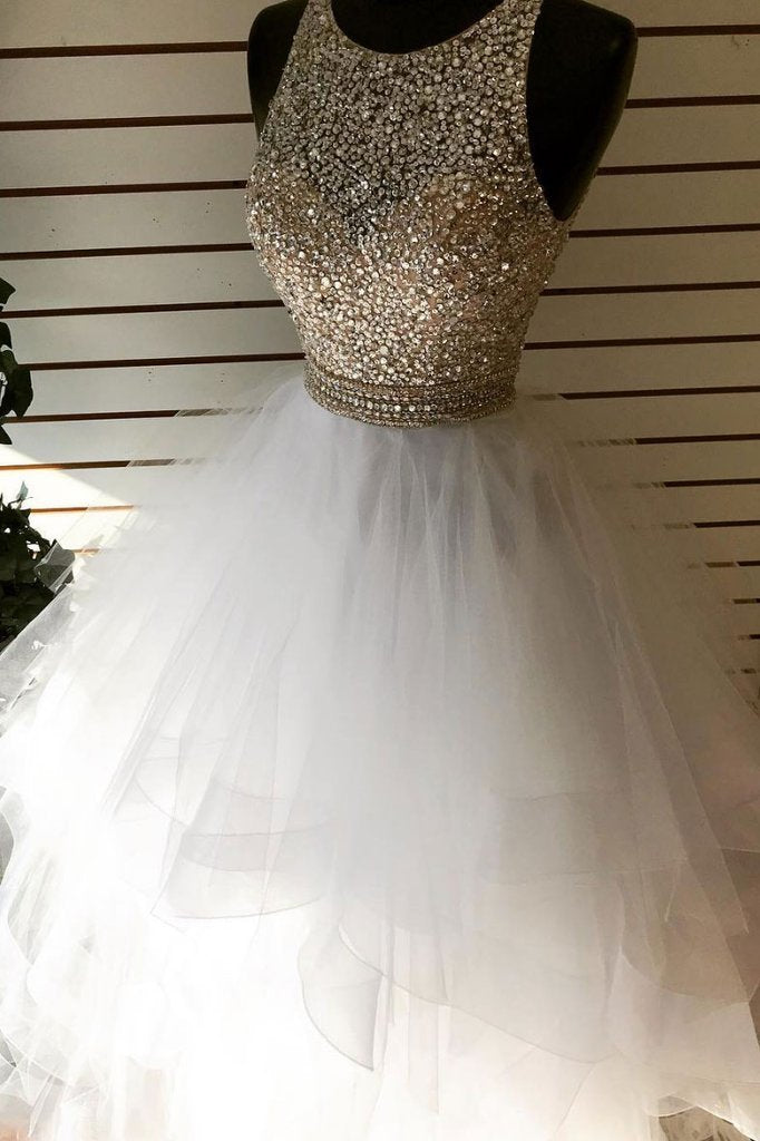 White round neck tulle sequin beads long prom dress, white evening dress    cg20975