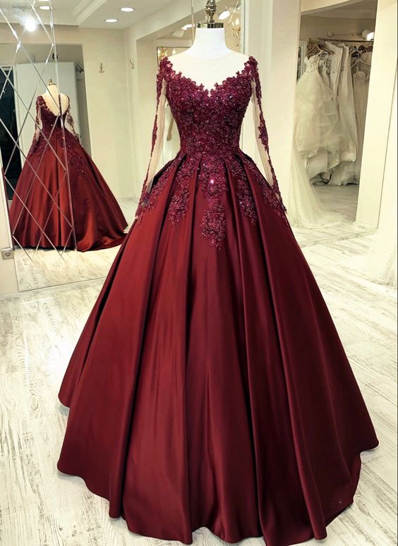 Elegant burgundy wedding dress lace long sleeves ball gown sheer neckline for women prom dress, evening dress    cg21004