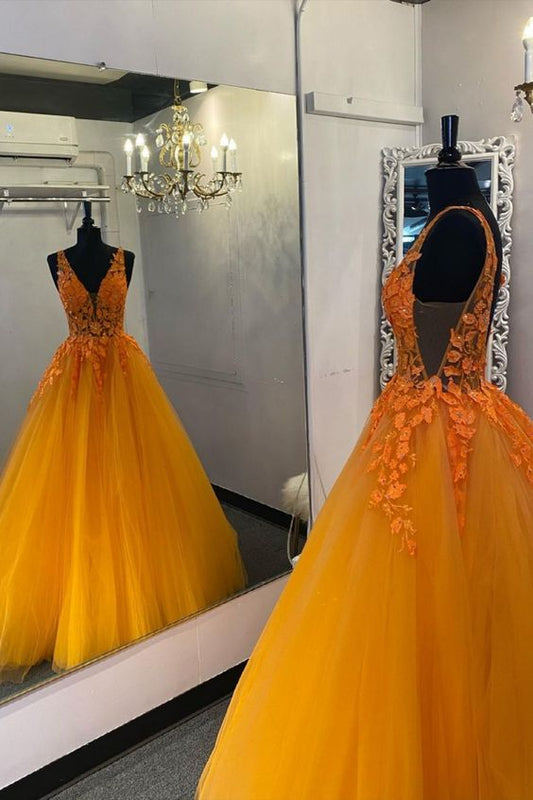 elegant v-neck orange prom dress with appliques    cg21018