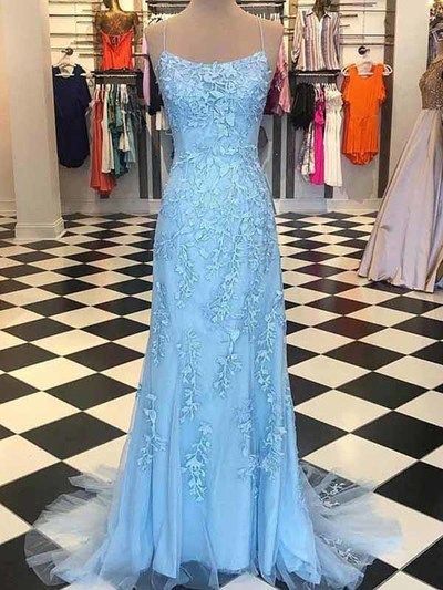 Sheath Spaghetti Straps Lace-Up Sweep Train Light Blue Prom Dress with Appliques cg2103