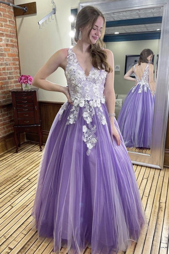 Purple v neck lace long A line prom dress evening dress    cg21031