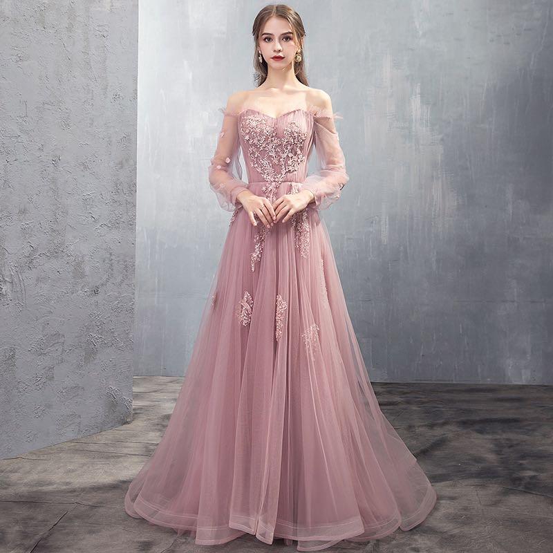 Charming Tulle Pink/Champagne Long Sleeves Junior Party Dress prom dress evening dress    cg21033